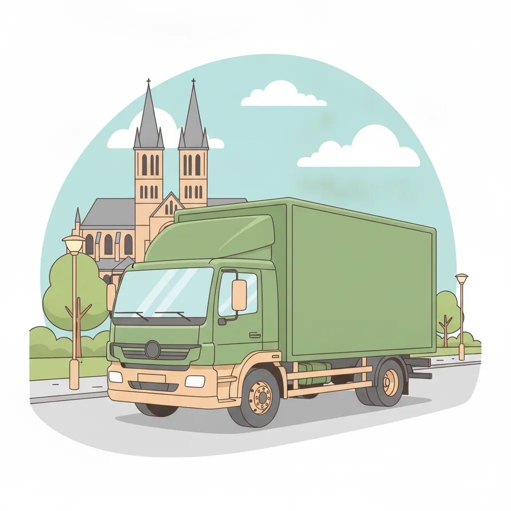 Comic-Illustration: geschlossener Umzugstransporter erreicht Aachen – Umzug von Duisburg nach Aachen