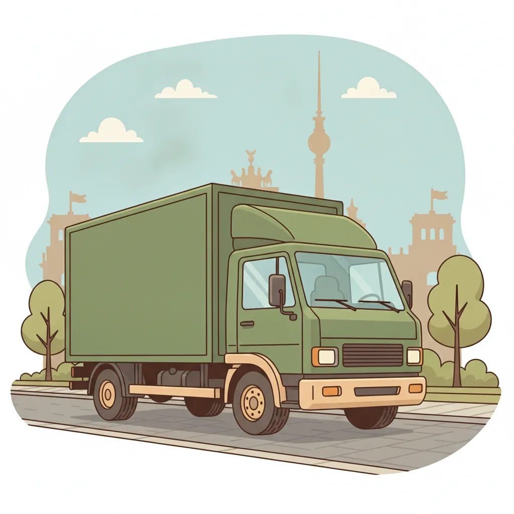 Comic-Illustration: geschlossener Umzugstransporter erreicht Berlin – Umzug von Duisburg nach Berlin