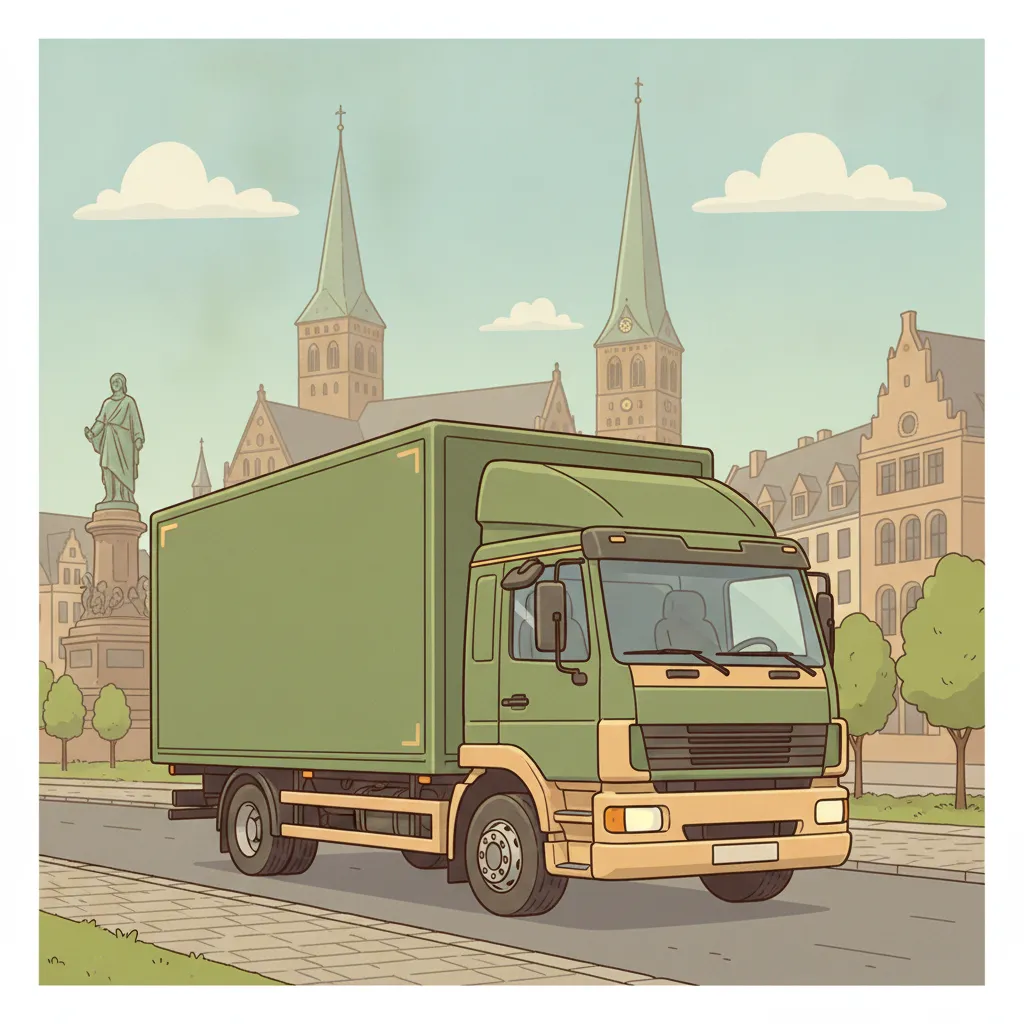 Comic-Illustration: geschlossener Umzugstransporter erreicht Bremen – Umzug von Duisburg nach Bremen