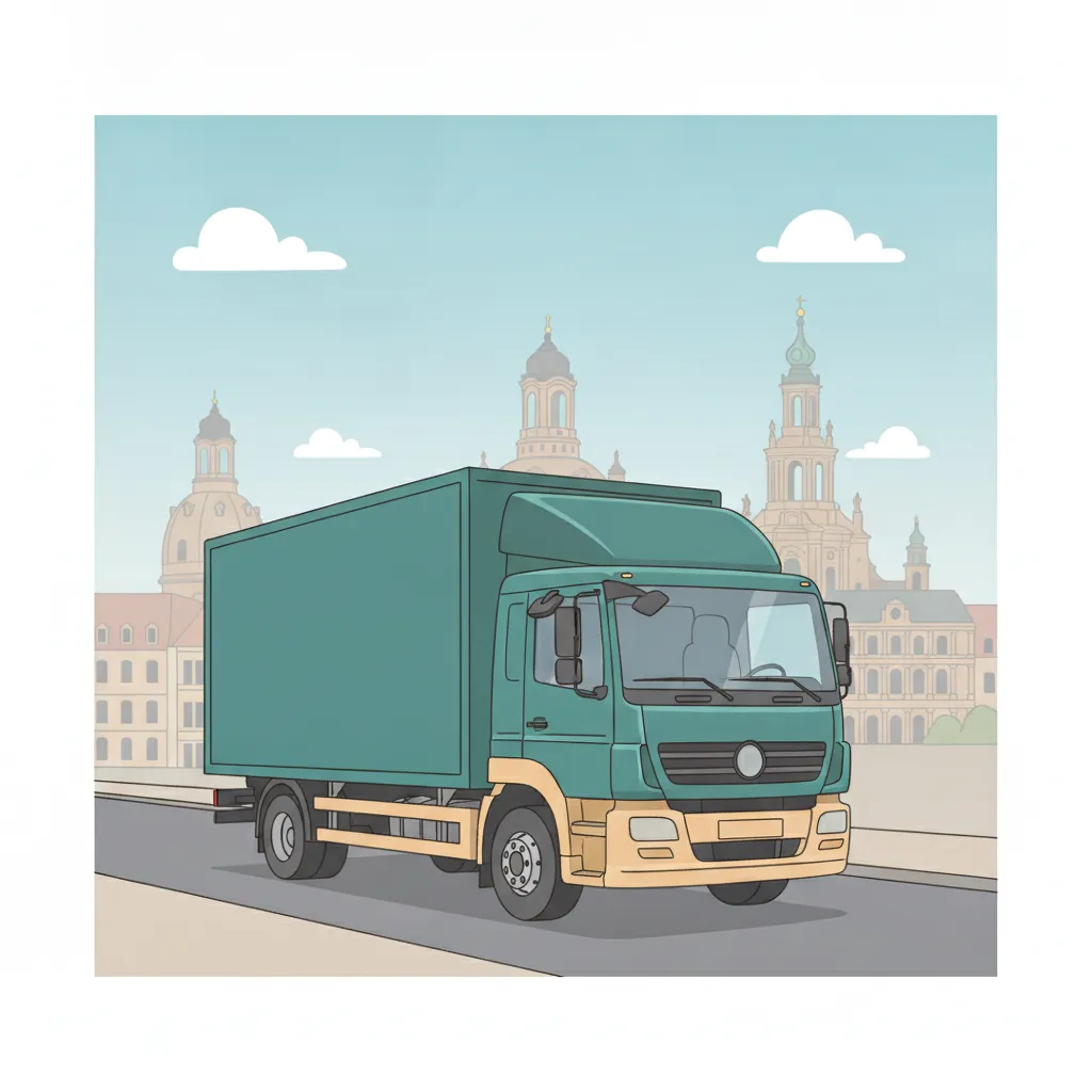 Comic-Illustration: geschlossener Umzugstransporter erreicht Dresden – Umzug von Duisburg nach Dresden