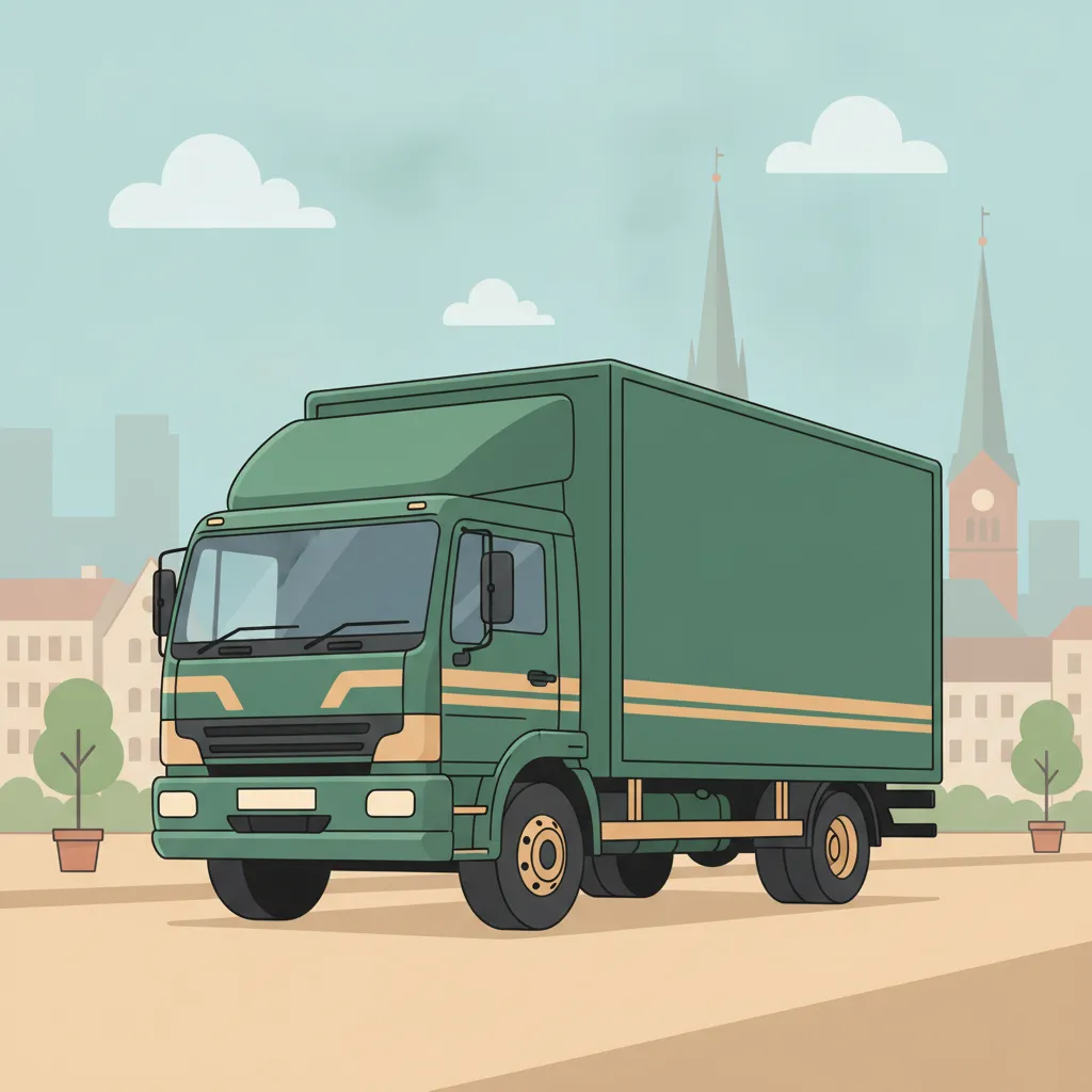 Comic-Illustration: geschlossener Umzugstransporter erreicht Flensburg – Umzug von Duisburg nach Flensburg