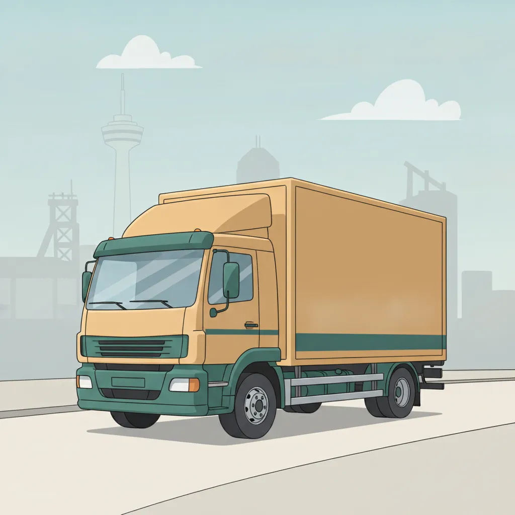 Comic-Illustration: geschlossener Umzugstransporter erreicht Gelsenkirchen – Umzug von Duisburg nach Gelsenkirchen