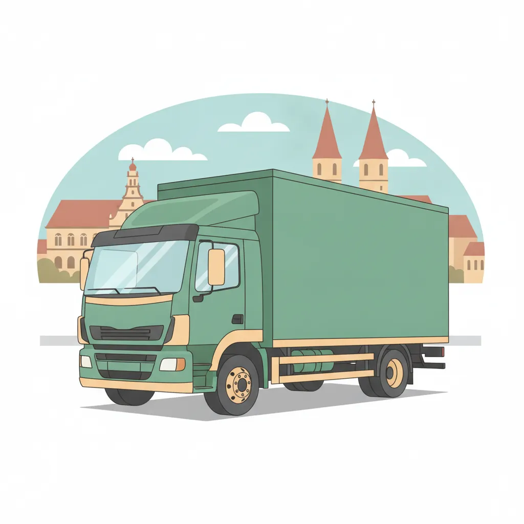 Comic-Illustration: geschlossener Umzugstransporter erreicht Göttingen – Umzug von Duisburg nach Göttingen