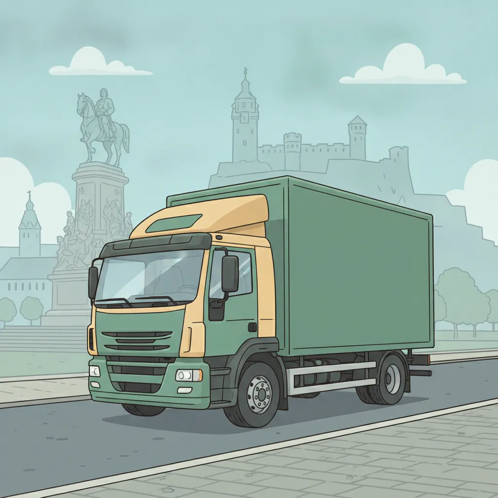Comic-Illustration: geschlossener Umzugstransporter erreicht Koblenz – Umzug von Duisburg nach Koblenz