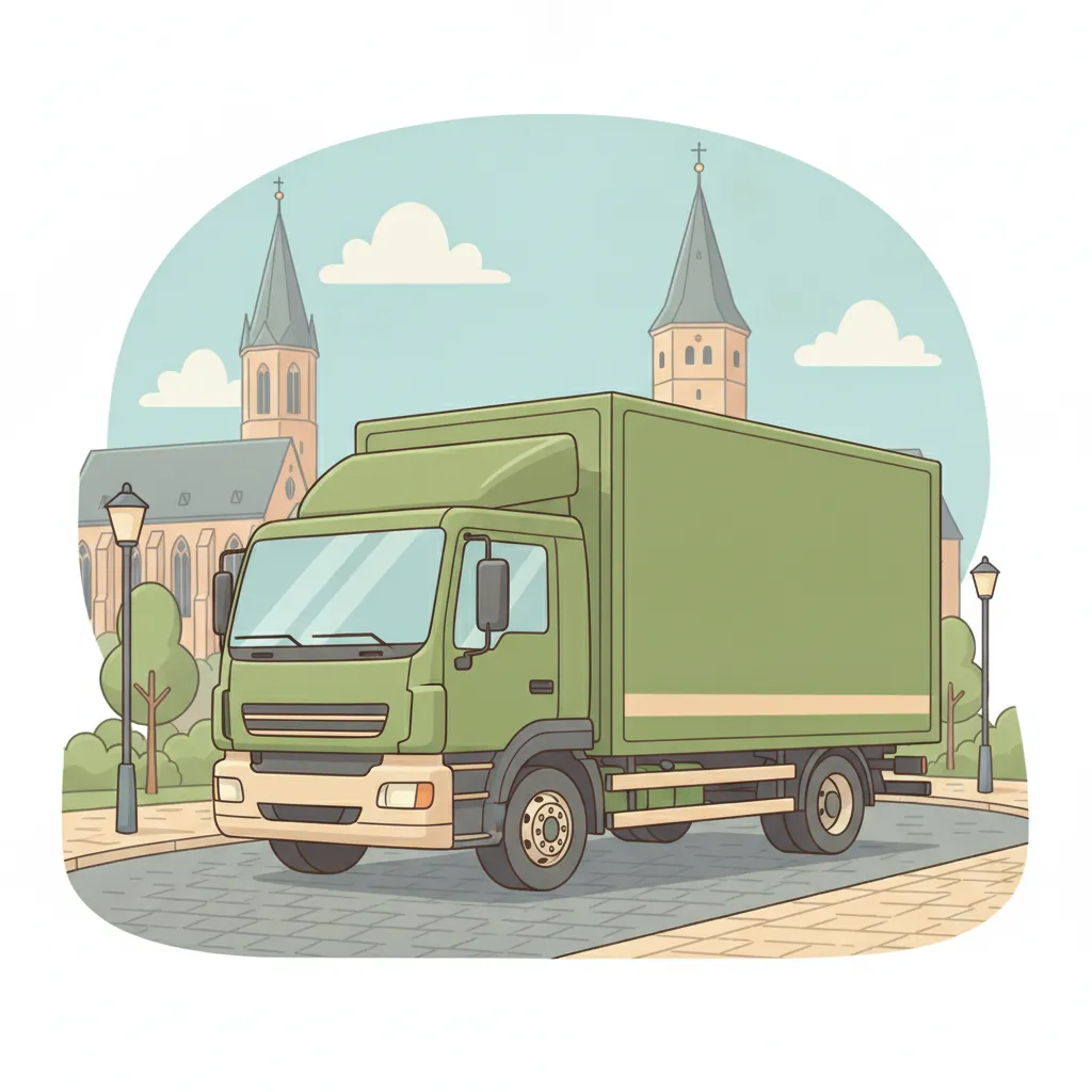 Comic-Illustration: geschlossener Umzugstransporter erreicht Krefeld – Umzug von Duisburg nach Krefeld