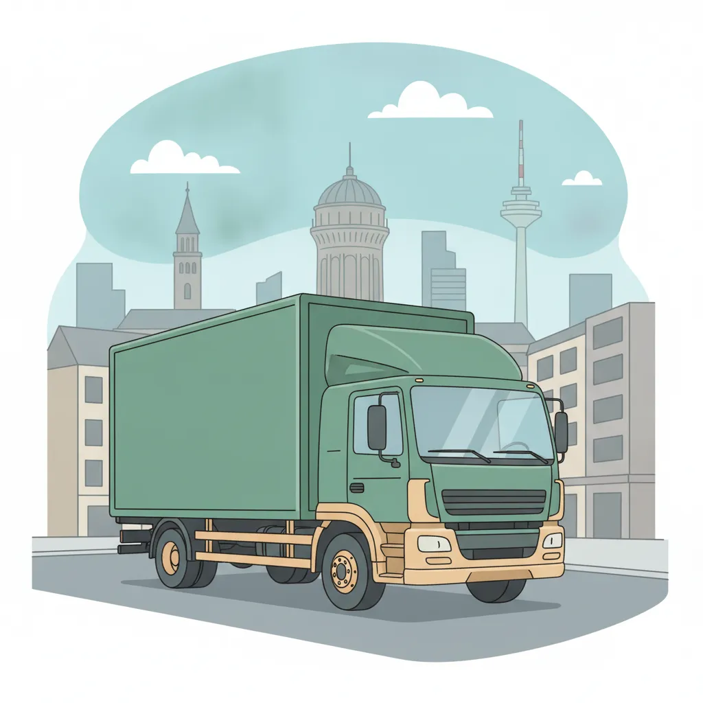 Comic-Illustration: geschlossener Umzugstransporter erreicht Mannheim – Umzug von Duisburg nach Mannheim