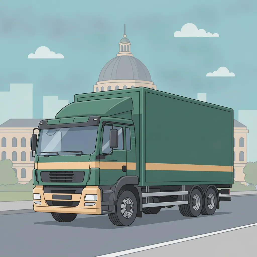 Comic-Illustration: geschlossener Umzugstransporter erreicht Mönchengladbach – Umzug von Duisburg nach Mönchengladbach