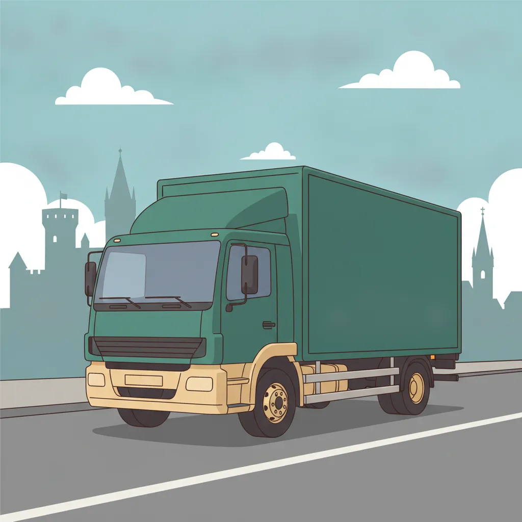 Comic-Illustration: geschlossener Umzugstransporter erreicht Moers – Umzug von Duisburg nach Moers