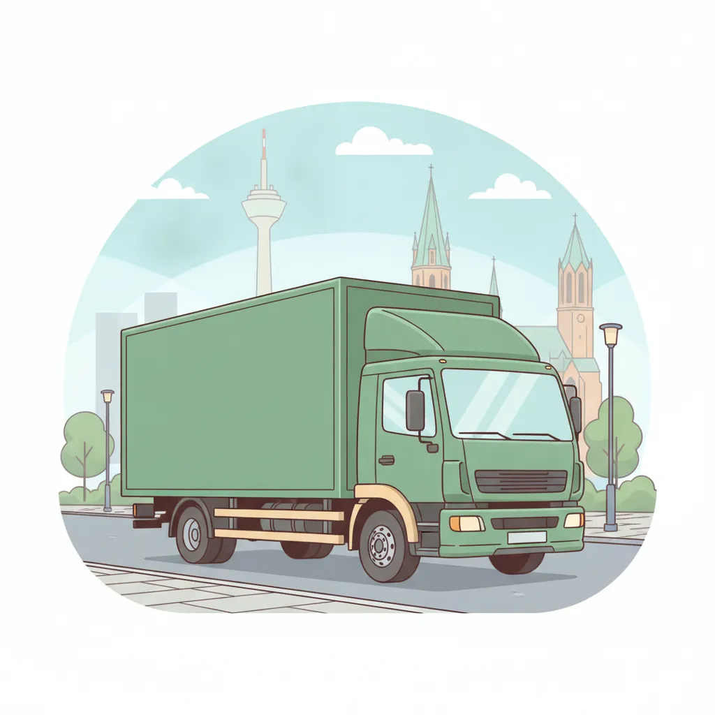 Comic-Illustration: geschlossener Umzugstransporter erreicht Neuss – Umzug von Duisburg nach Neuss