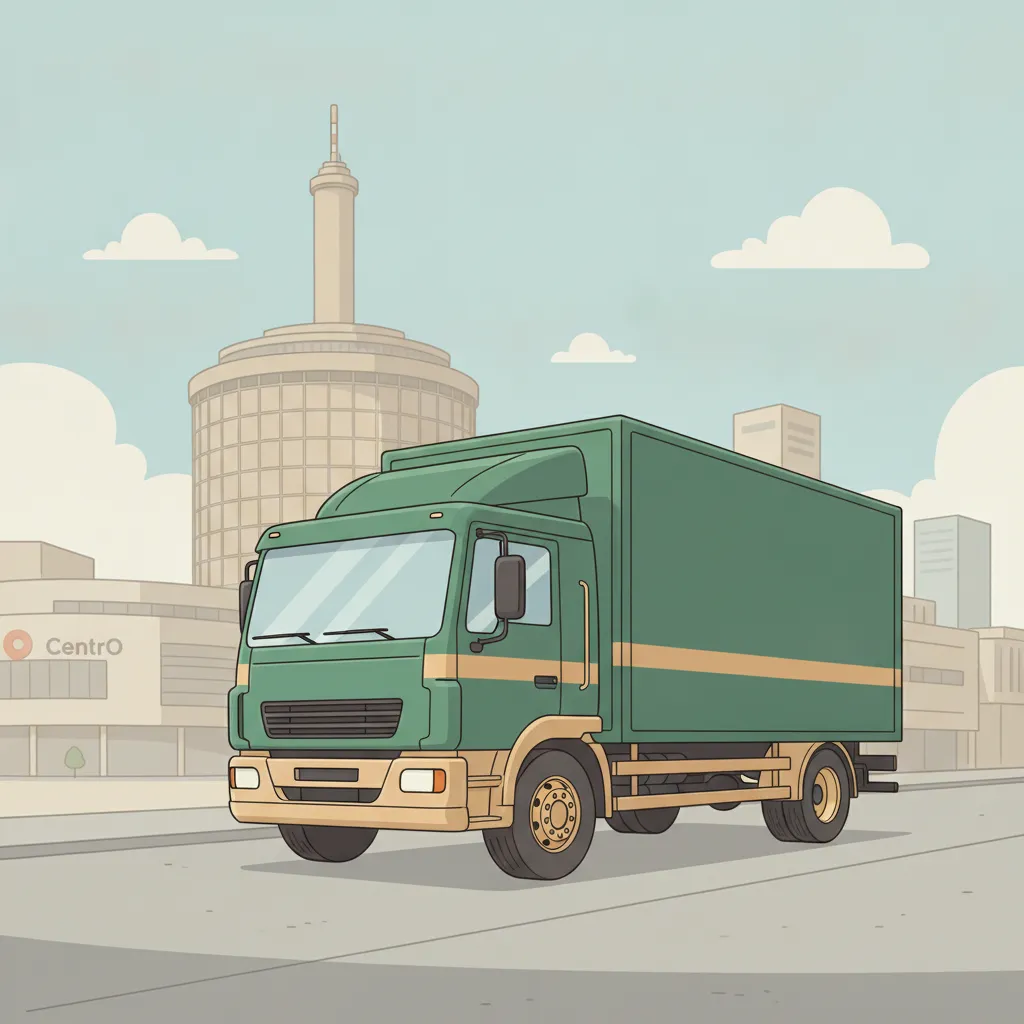 Comic-Illustration: geschlossener Umzugstransporter erreicht Oberhausen – Umzug von Duisburg nach Oberhausen