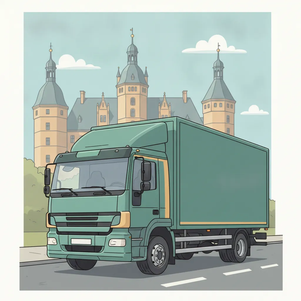 Comic-Illustration: geschlossener Umzugstransporter erreicht Schwerin – Umzug von Duisburg nach Schwerin
