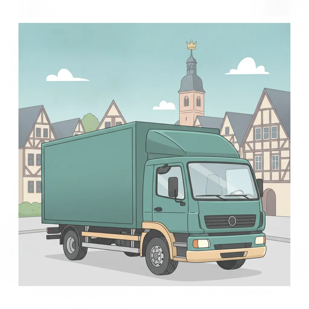 Comic-Illustration: geschlossener Umzugstransporter erreicht Siegen – Umzug von Duisburg nach Siegen