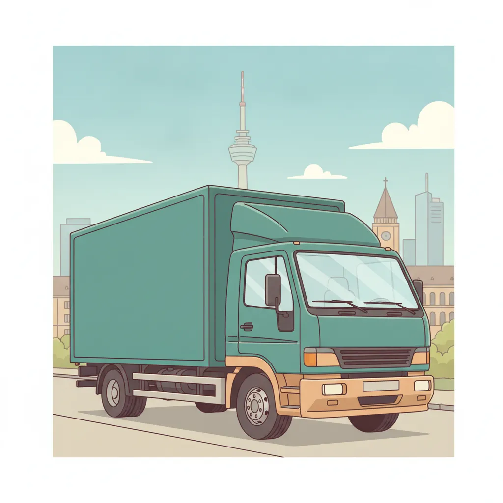 Comic-Illustration: geschlossener Umzugstransporter erreicht Stuttgart – Umzug von Duisburg nach Stuttgart
