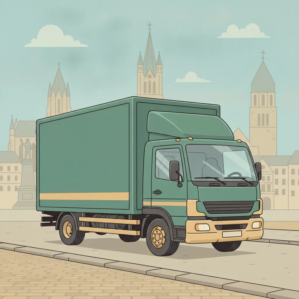 Comic-Illustration: geschlossener Umzugstransporter erreicht Worms – Umzug von Duisburg nach Worms