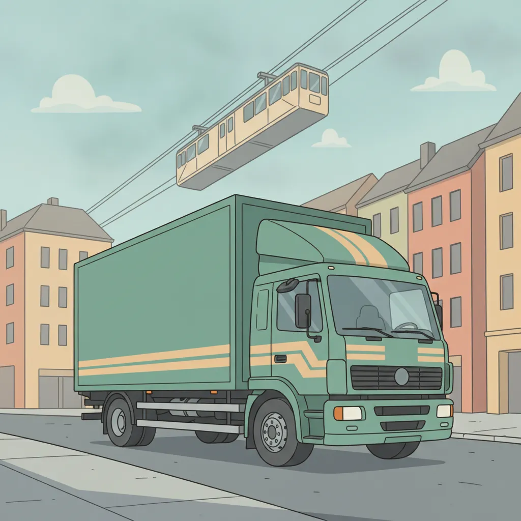 Comic-Illustration: geschlossener Umzugstransporter erreicht Wuppertal – Umzug von Duisburg nach Wuppertal